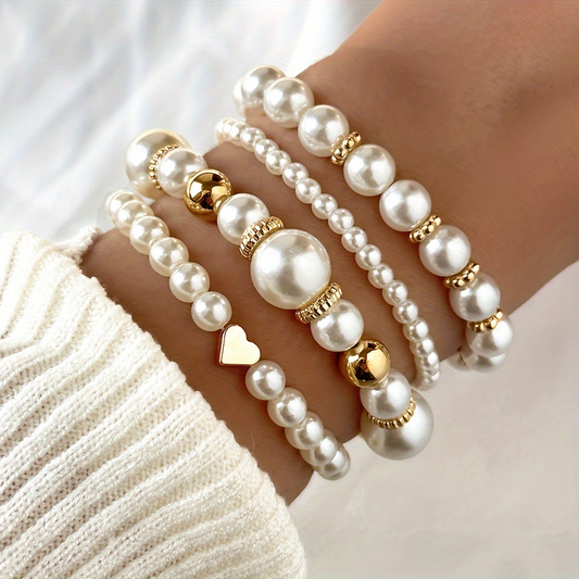 ✨ Conjunto de pulseiras elegantes com pérolas brancas 🤍 – 4 peças luxuosas 💎